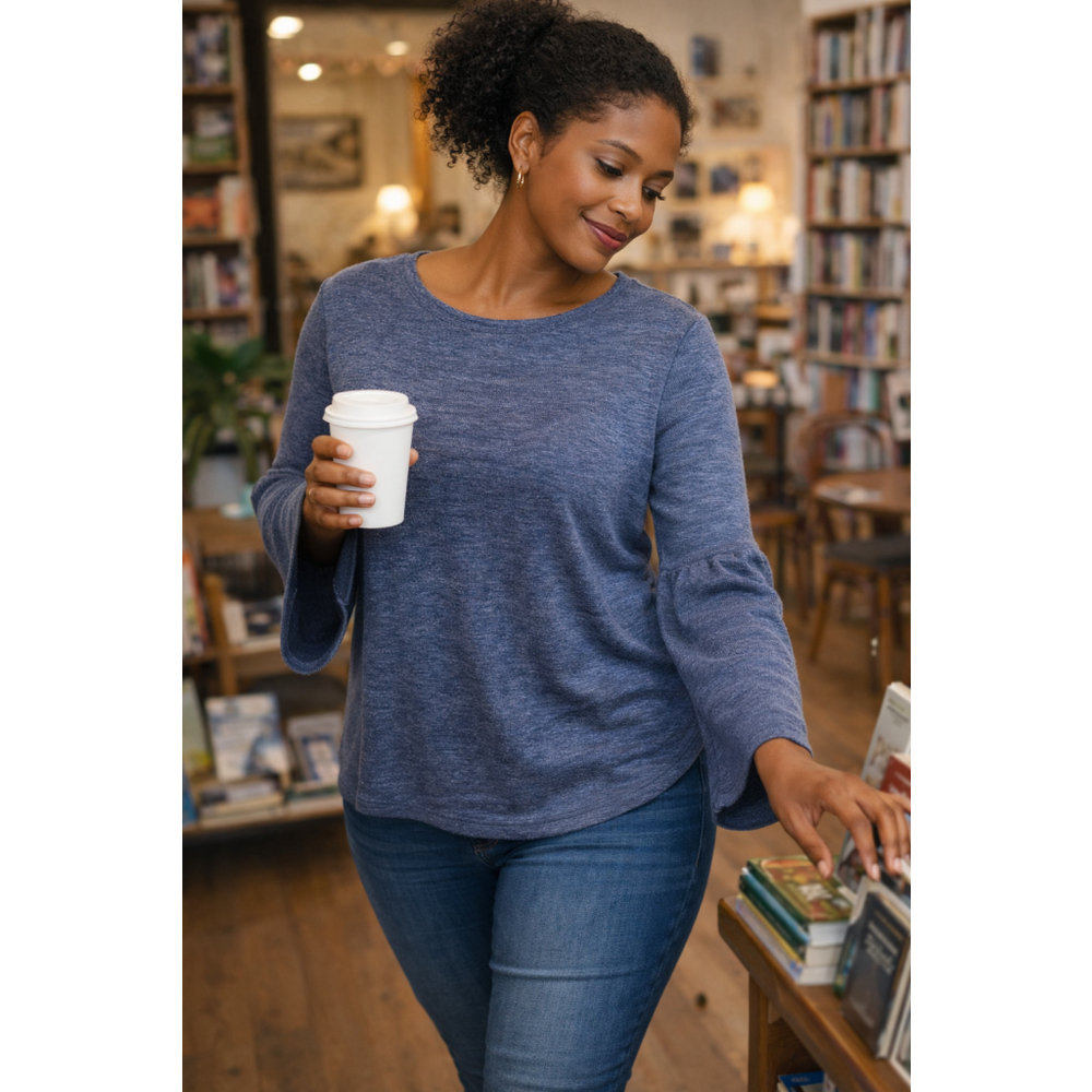 Lucky Brand Large Bell Sleeve Knit Top Heather Blue Boho Casual Long Sleeve